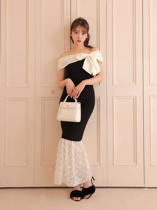 Ribbon tulle docking knit skirt(eme10492)