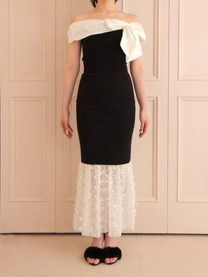 Ribbon tulle docking knit skirt(eme10492)