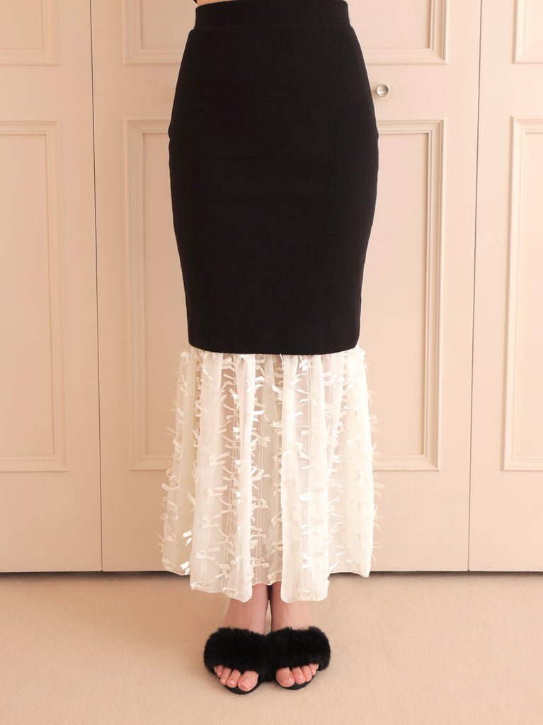 Ribbon tulle docking knit skirt(eme10492)