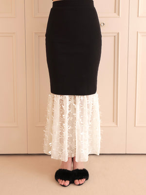 Ribbon tulle docking knit skirt(eme10492)