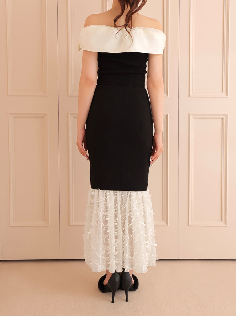 Ribbon tulle docking knit skirt(eme10492)
