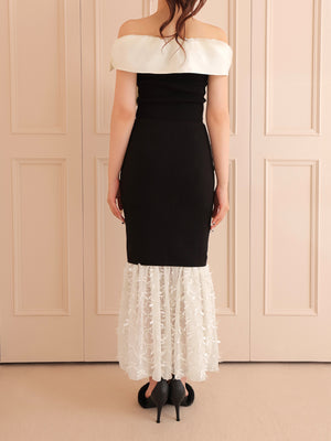 Ribbon tulle docking knit skirt(eme10492)