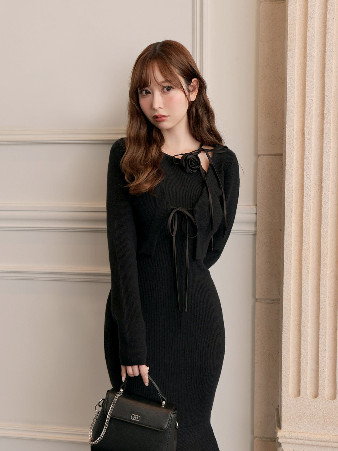 Rose brooch ensemble knit onepiece(eme10496)