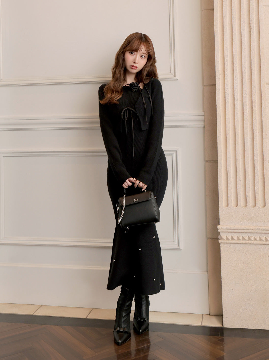 Rose brooch ensemble knit onepiece(eme10496)