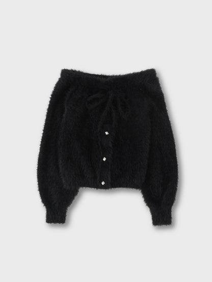 Ribbon off shoulder shaggy knit tops (eme10525)