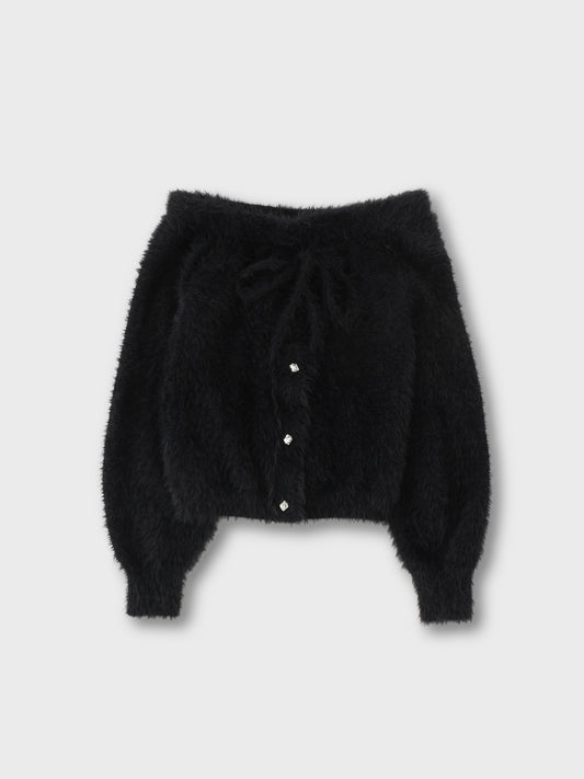 【SALE】Ribbon off shoulder shaggy knit tops (eme10525)