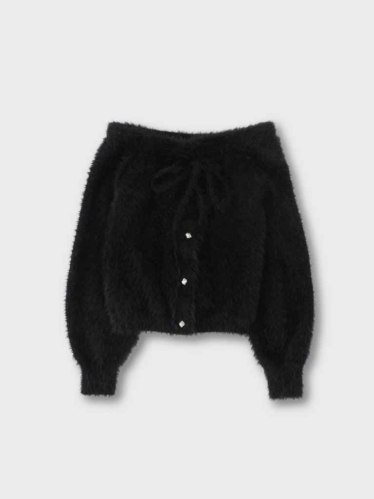 Ribbon off shoulder shaggy knit tops (eme10525)