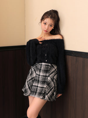 Ribbon off shoulder shaggy knit tops (eme10525)