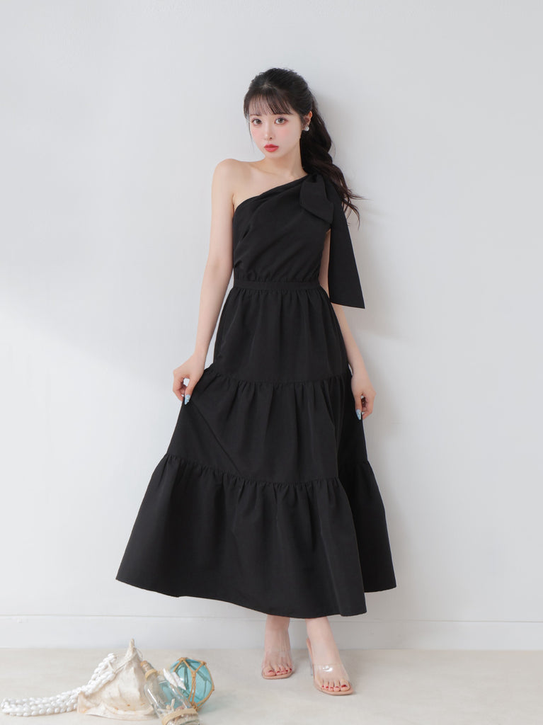 One shoulder ribbon flare onepiece(eme10543)