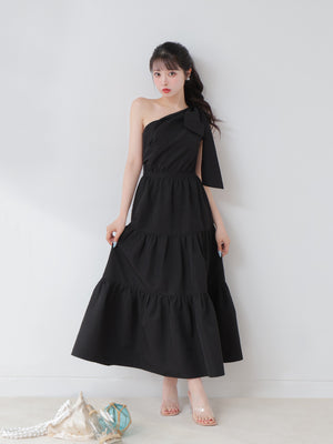 One shoulder ribbon flare onepiece(eme10543)