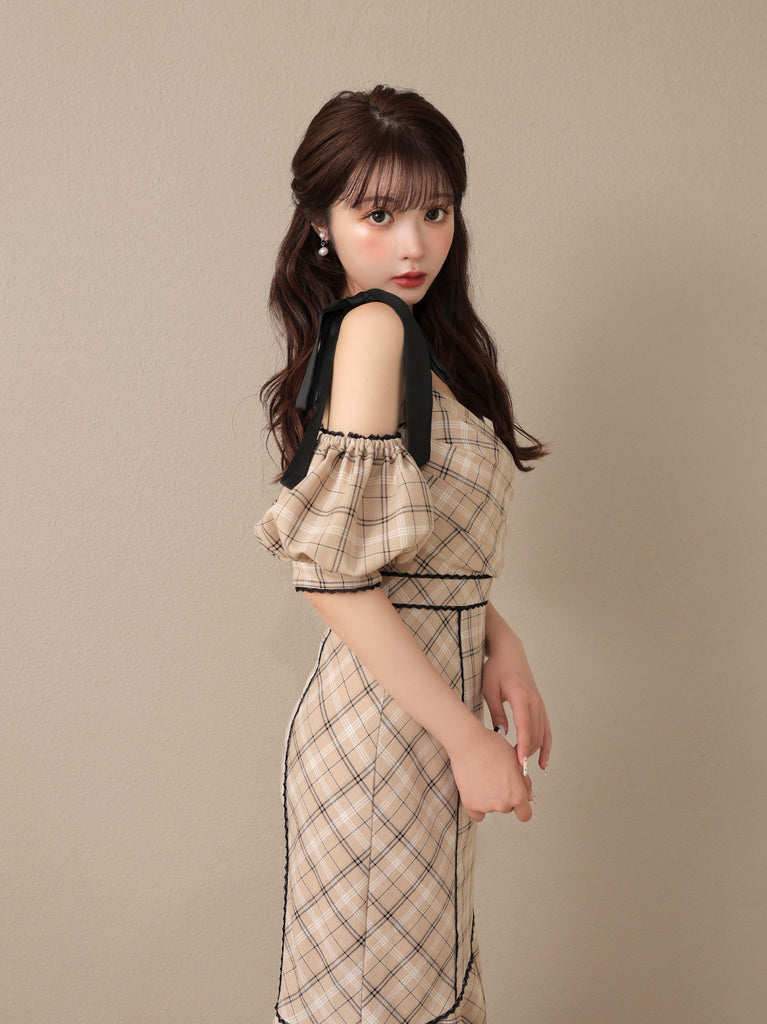 Ribbon check mermaid onepiece(eme10551)