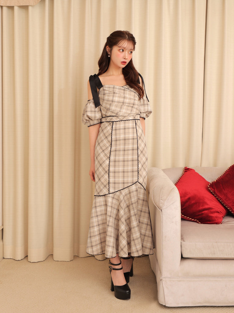 Ribbon check mermaid onepiece(eme10551)