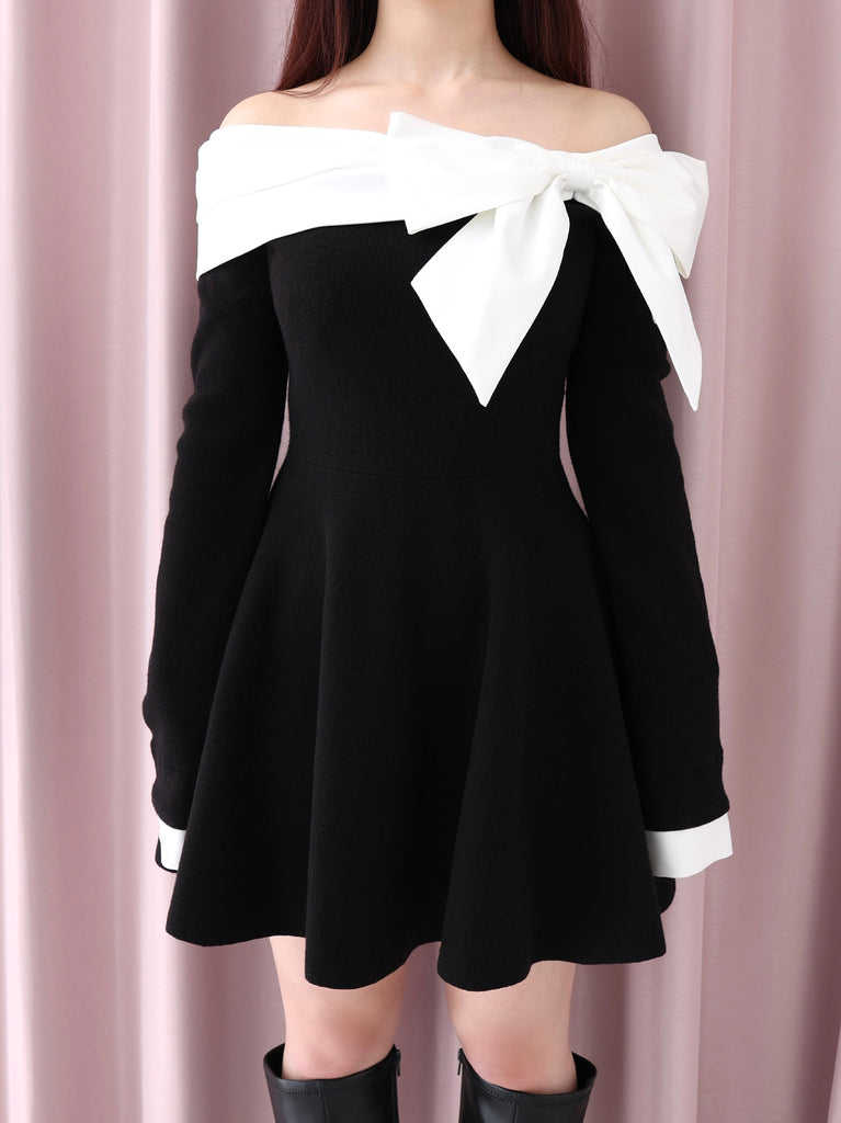 Off shoulder ribbon knit mini onepiece(eme10556)