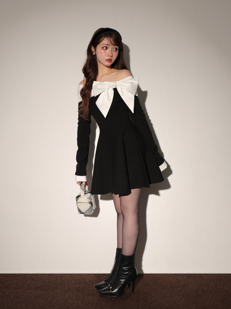 Off shoulder ribbon knit mini onepiece(eme10556)