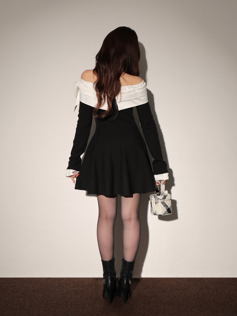 Off shoulder ribbon knit mini onepiece(eme10556)