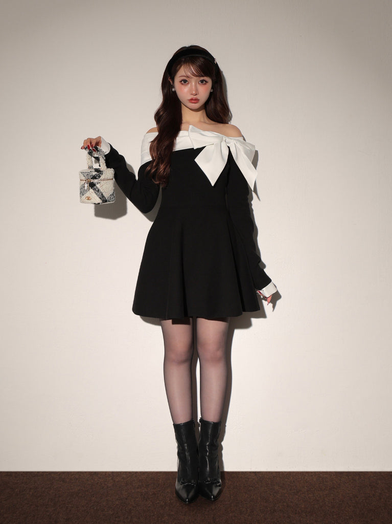 Off shoulder ribbon knit mini onepiece(eme10556)