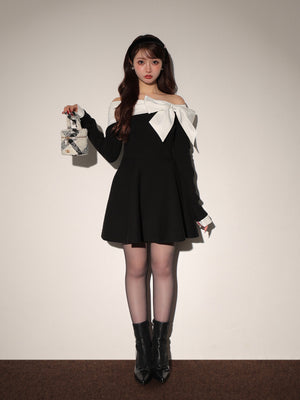 Off shoulder ribbon knit mini onepiece(eme10556)