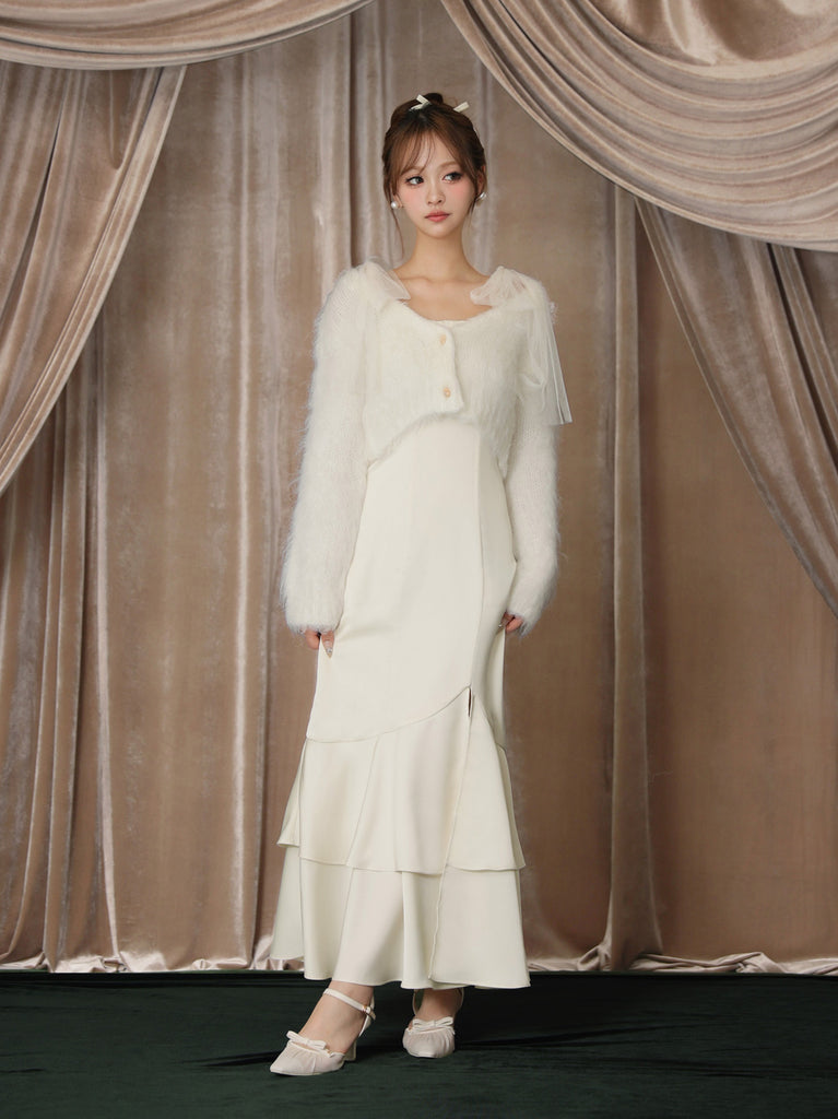 【Pre Order】Lame shaggy knit ensemble satin onepiece(eme10557)