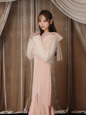 【Pre Order】Lame shaggy knit ensemble satin onepiece(eme10557)