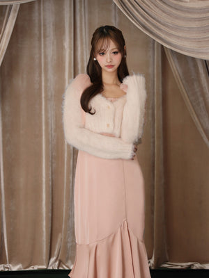 【Pre Order】Lame shaggy knit ensemble satin onepiece(eme10557)