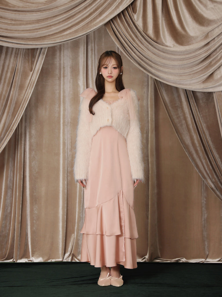 【Pre Order】Lame shaggy knit ensemble satin onepiece(eme10557)