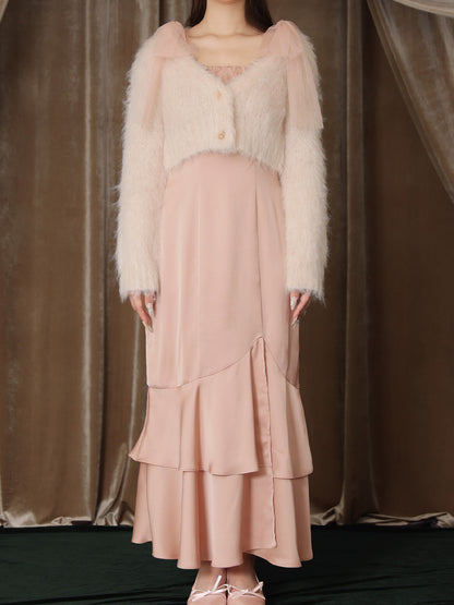 【Pre Order】Lame shaggy knit ensemble satin onepiece(eme10557)