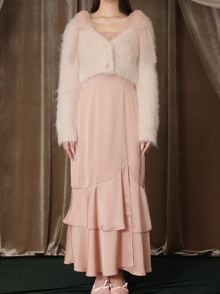 【Pre Order】Lame shaggy knit ensemble satin onepiece(eme10557)