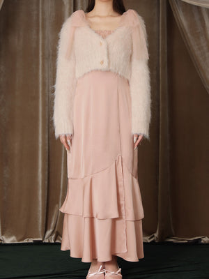 【Pre Order】Lame shaggy knit ensemble satin onepiece(eme10557)