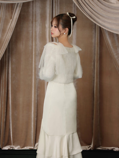 【Pre Order】Lame shaggy knit ensemble satin onepiece(eme10557)