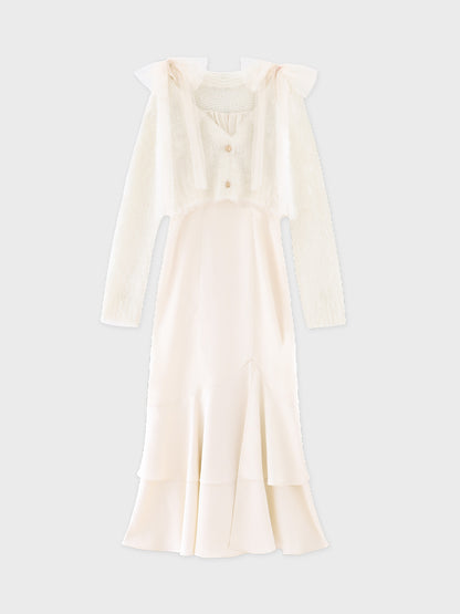 【Pre Order】Lame shaggy knit ensemble satin onepiece(eme10557)