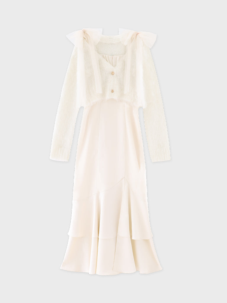 【Pre Order】Lame shaggy knit ensemble satin onepiece(eme10557)