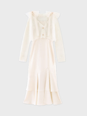 【Pre Order】Lame shaggy knit ensemble satin onepiece(eme10557)