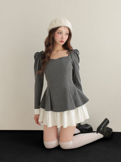 Square neck puff mini onepiece(eme10565)