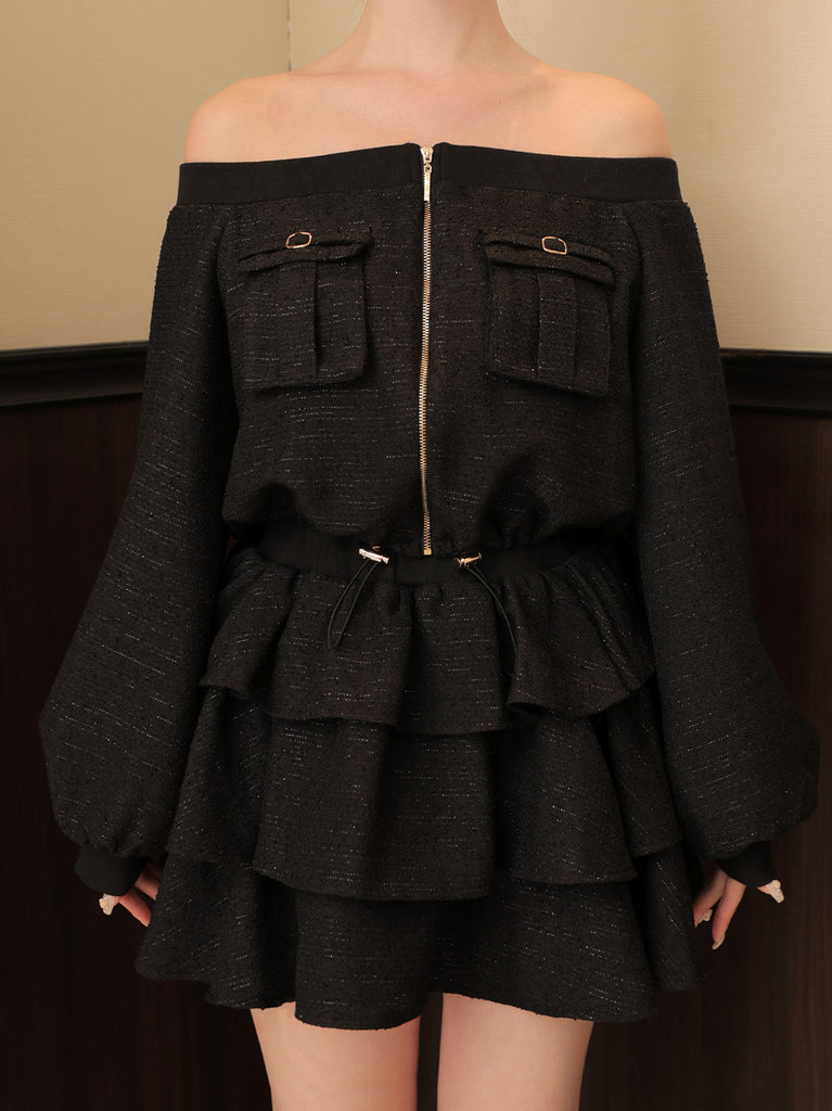 【Pre Order】Tweed zip ruffle set up(eme10566)