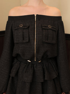 【Pre Order】Tweed zip ruffle set up(eme10566)