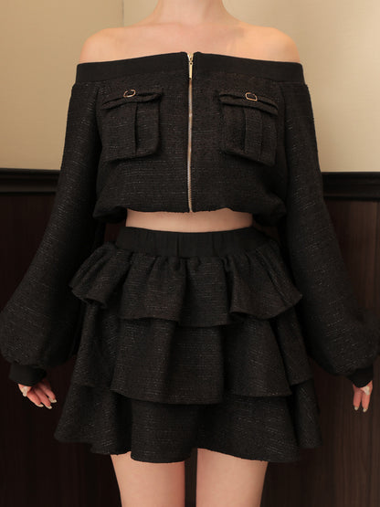 【Pre Order】Tweed zip ruffle set up(eme10566)