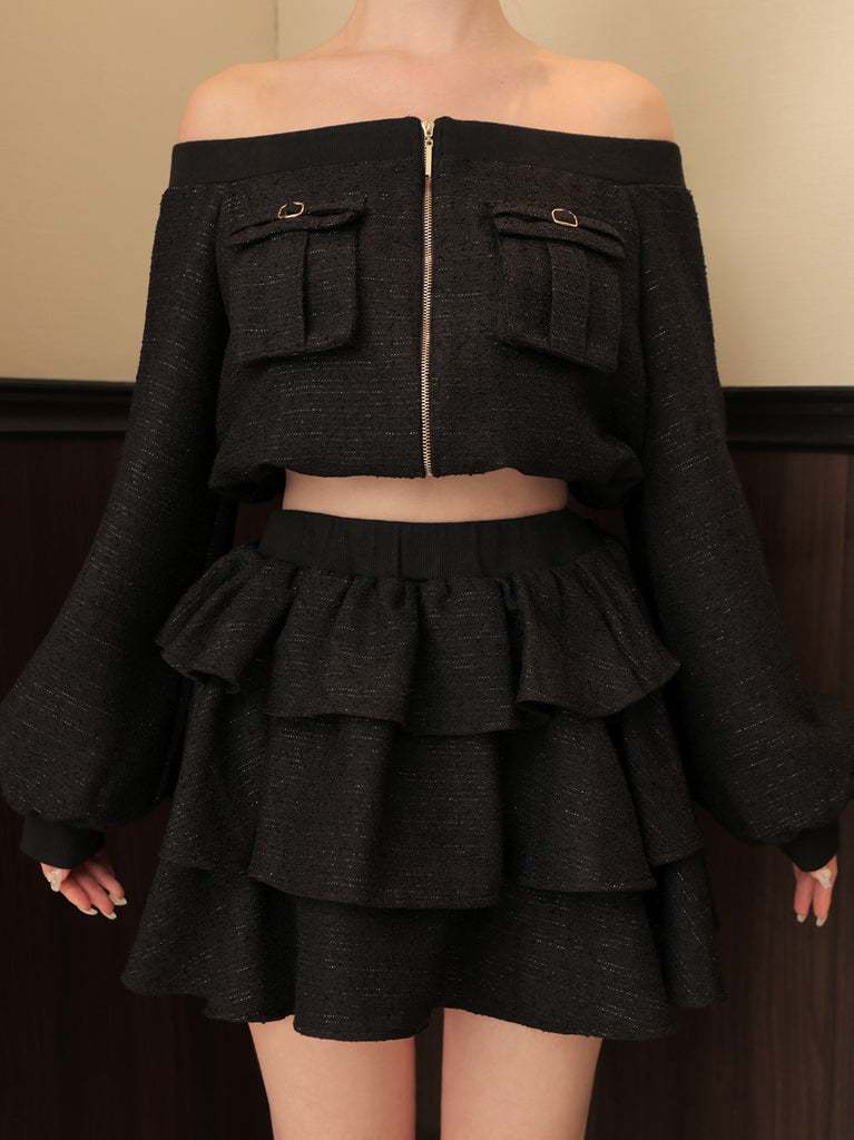【Pre Order】Tweed zip ruffle set up(eme10566)