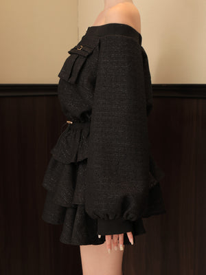 【Pre Order】Tweed zip ruffle set up(eme10566)