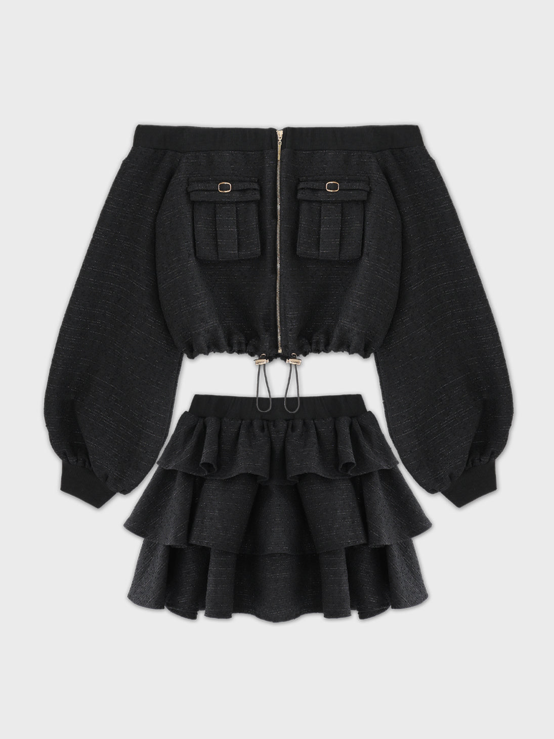 【Pre Order】Tweed zip ruffle set up(eme10566)