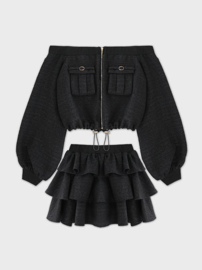 【Pre Order】Tweed zip ruffle set up(eme10566)