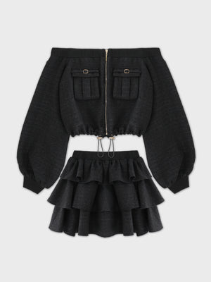 【Pre Order】Tweed zip ruffle set up(eme10566)