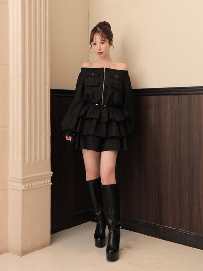 【Pre Order】Tweed zip ruffle set up(eme10566)