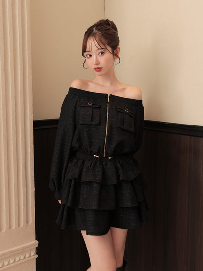 【Pre Order】Tweed zip ruffle set up(eme10566)
