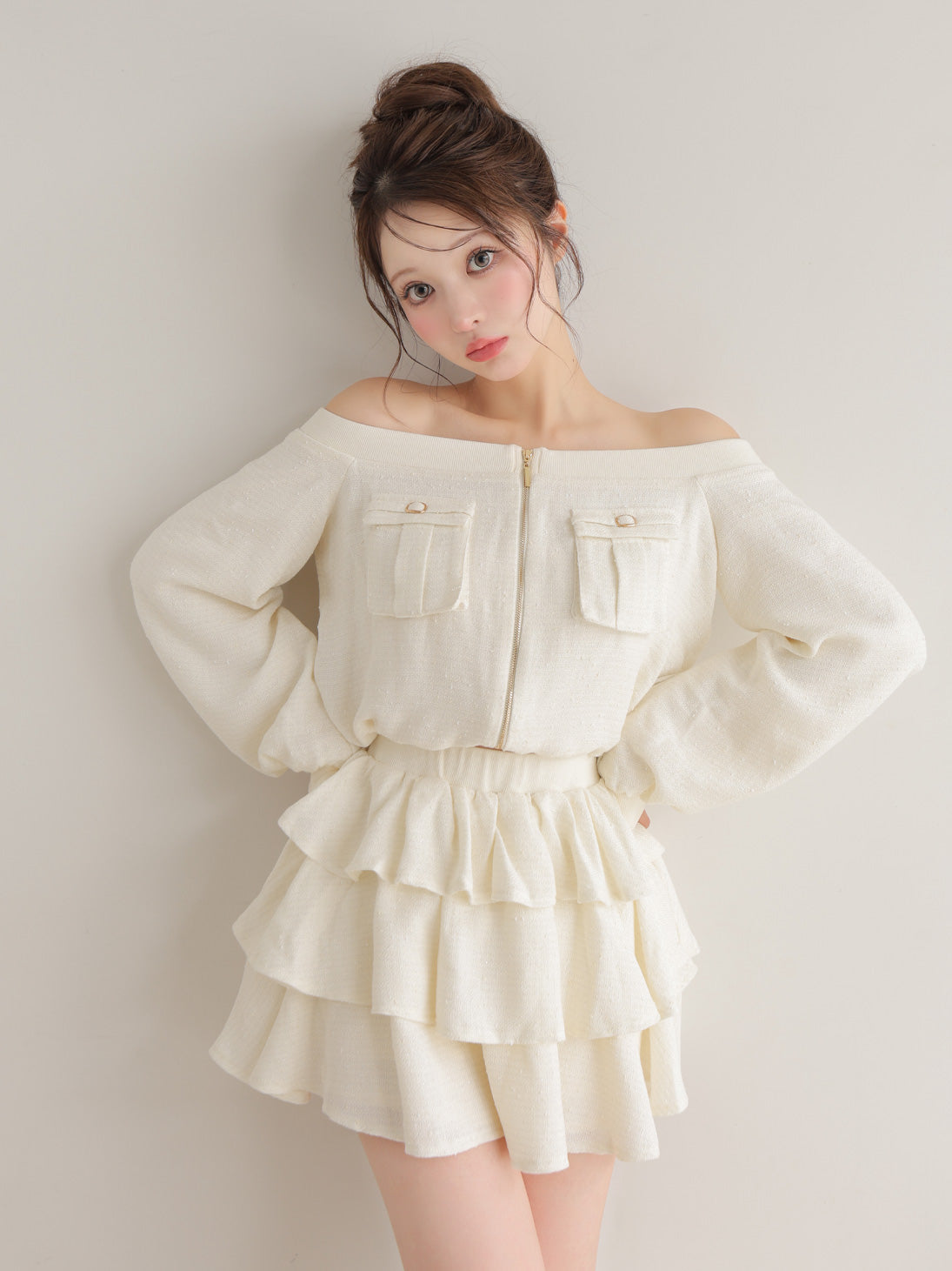 【Pre Order】Tweed zip ruffle set up(eme10566)