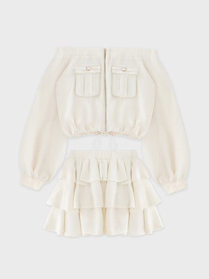 【Pre Order】Tweed zip ruffle set up(eme10566)