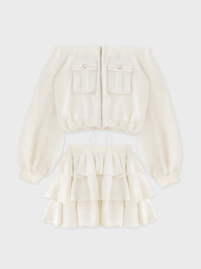 【Pre Order】Tweed zip ruffle set up(eme10566)