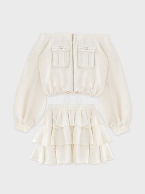 【Pre Order】Tweed zip ruffle set up(eme10566)