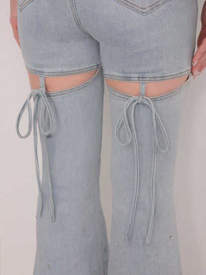 Back ribbon slim flare denim (eme10573)