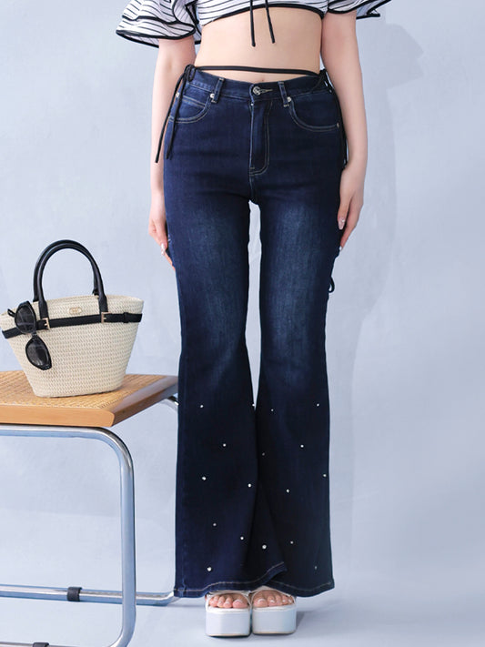 Back ribbon slim flare denim(eme10573)