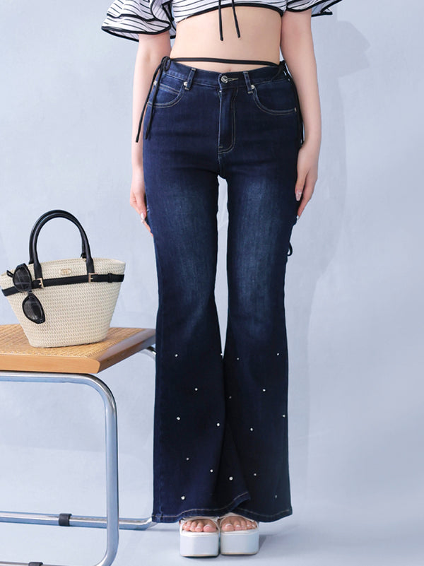 Back ribbon slim flare denim (eme10573)